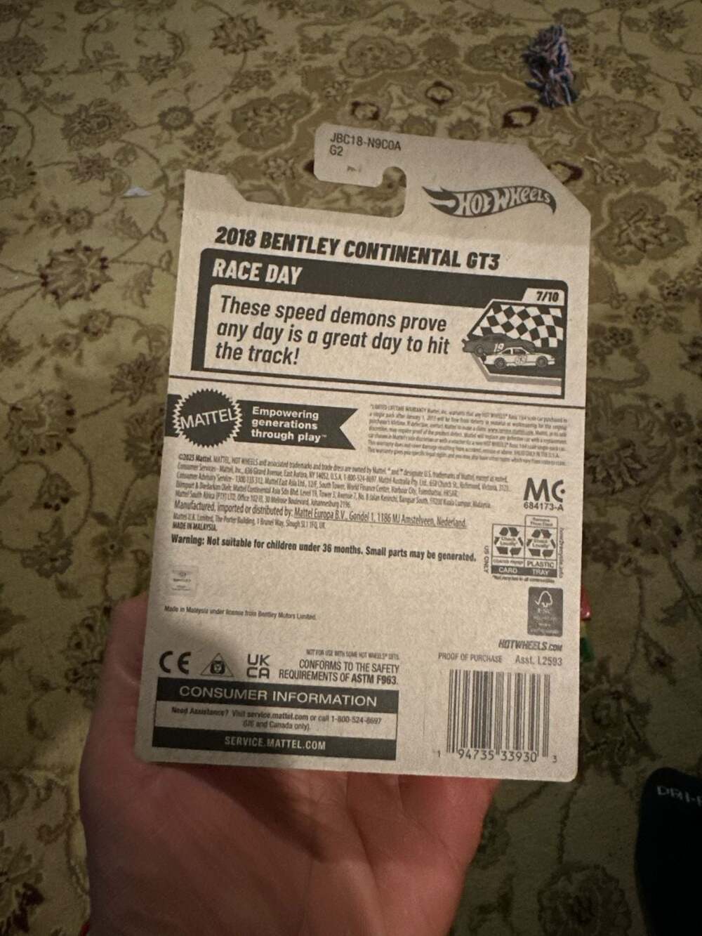 Hot Wheels 2018 Bentley Continental GT3 Gold Race Day 7/10 162/250